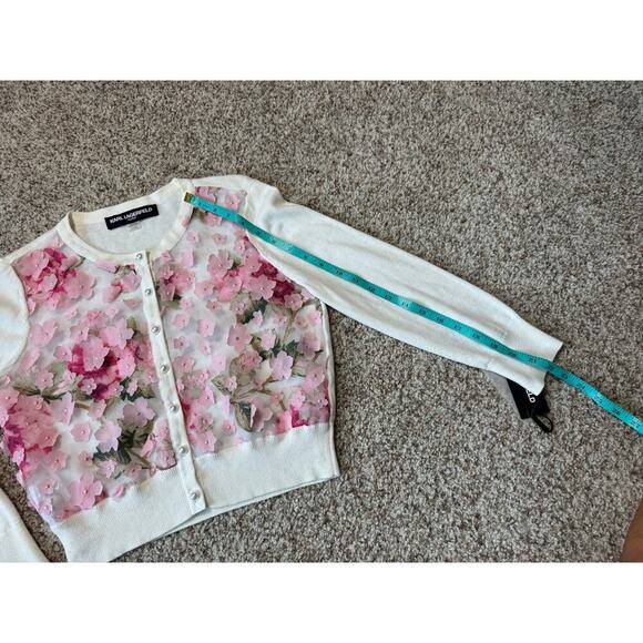 NWT - Karl Lagerfeld sweater, Small; 3D Floral Cropped white & Pink Cardigan - Picture 6 of 8